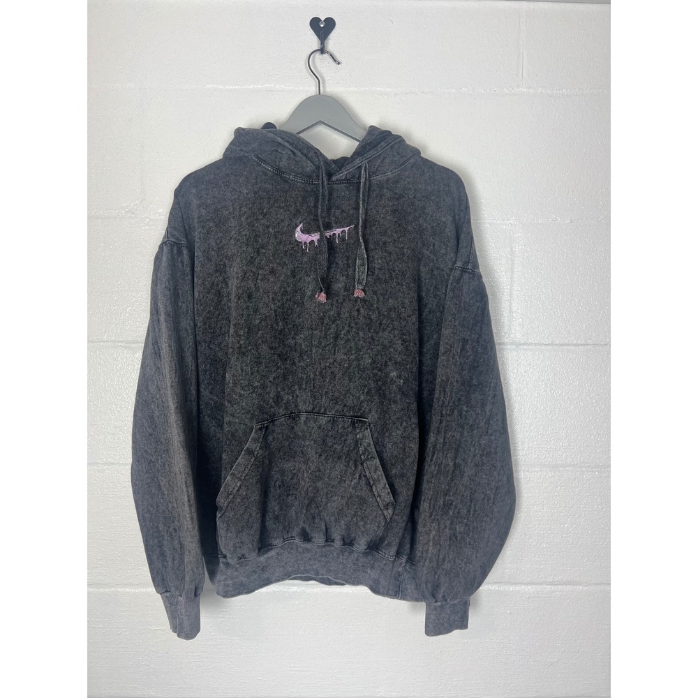 Colortone Acid Wash Drip Swoosh Hoodie Charcoal Grey Pink Embroidery Large